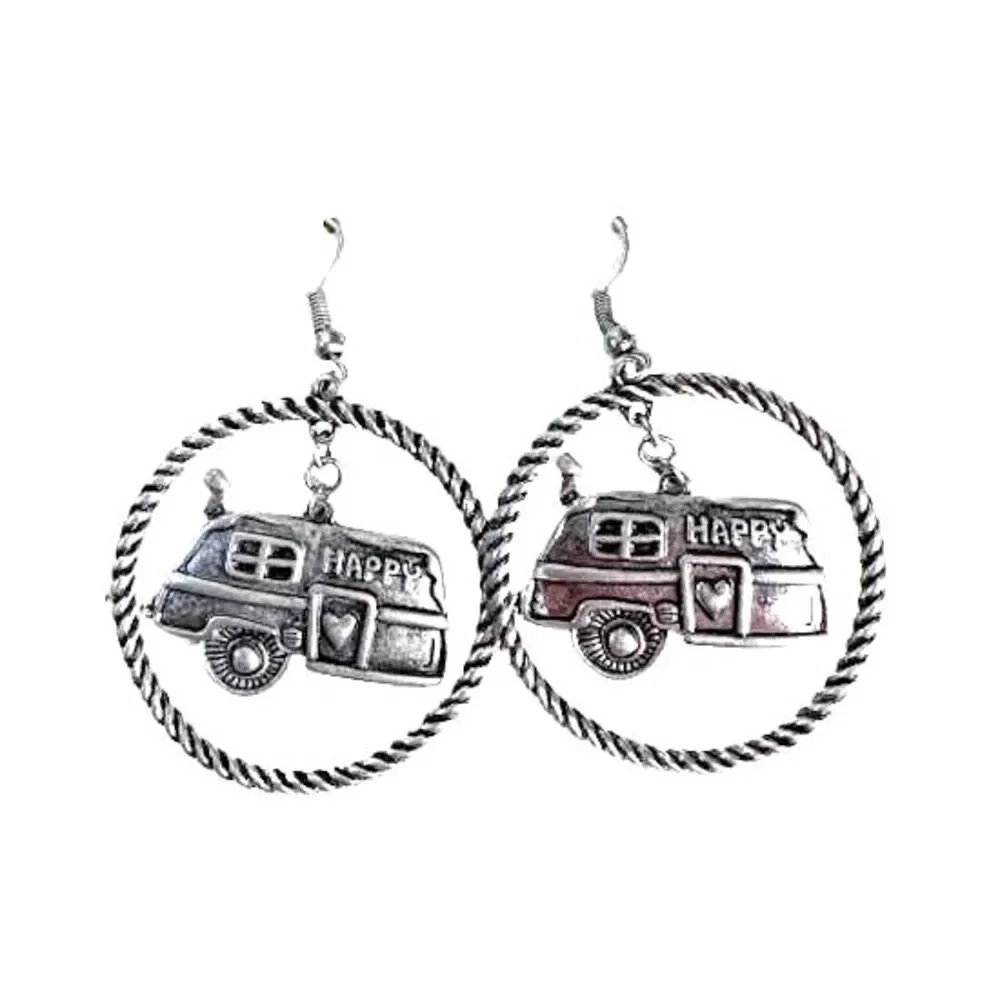 Silver Hoop Happy Camper Earrings NEW Vintage Travel Trailer Charm French Hook